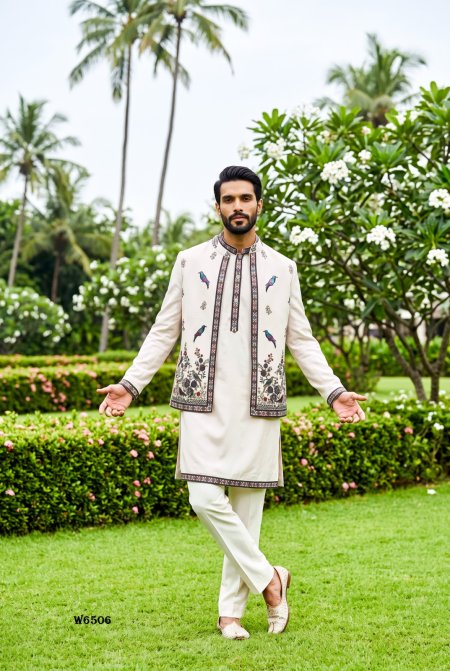 White Outluk Wedding Vol 65 Lachaka Embroidery Mens Indo Western W6505
